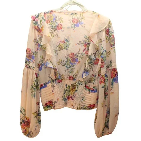 BKE NWT Womens Medium Top Floral Sheer Peach Balloon Sleeve Ruffles Cottage Core - Picture 2 of 10